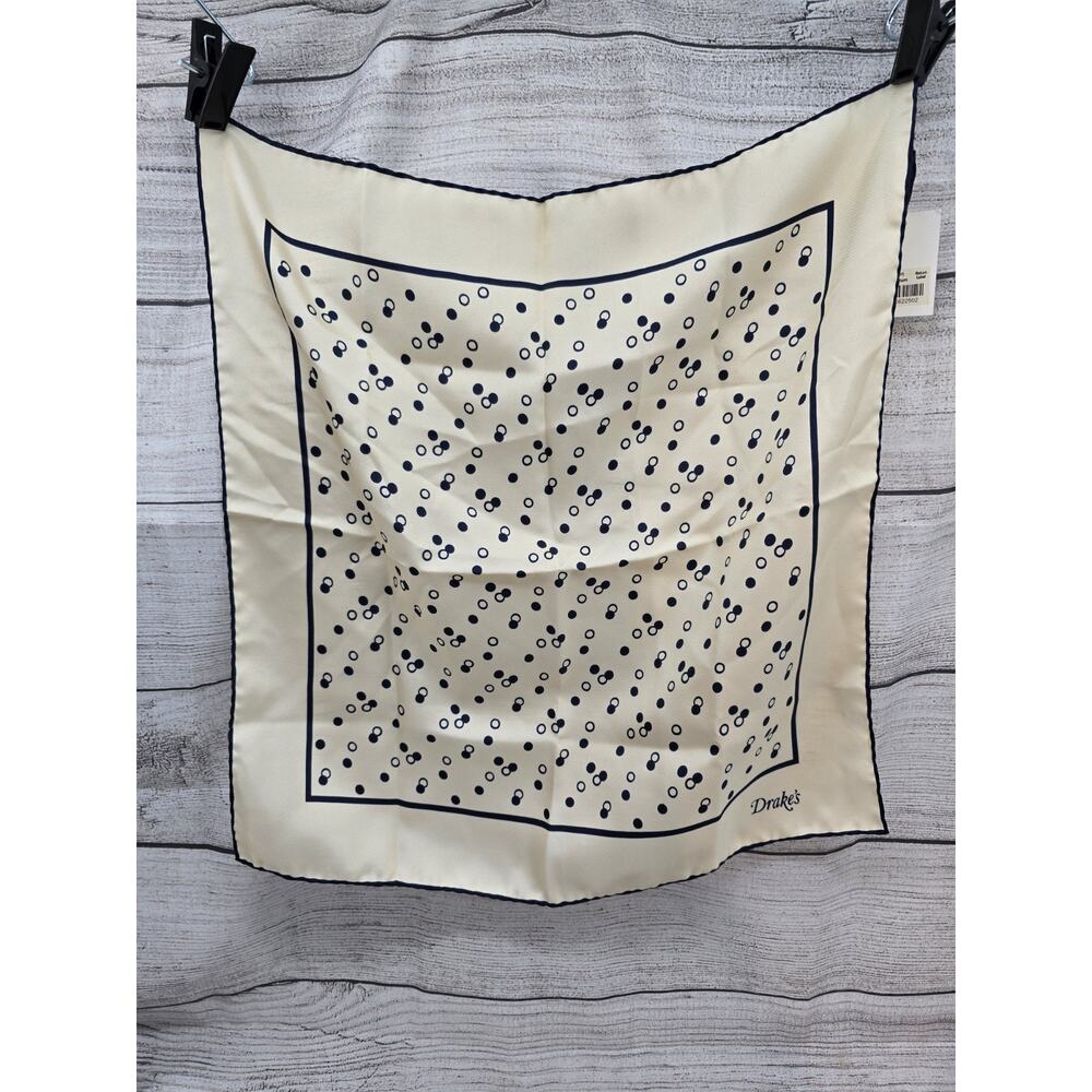 Drakes Silk Handkerchief Scarf Polka Dot Ivory Navy